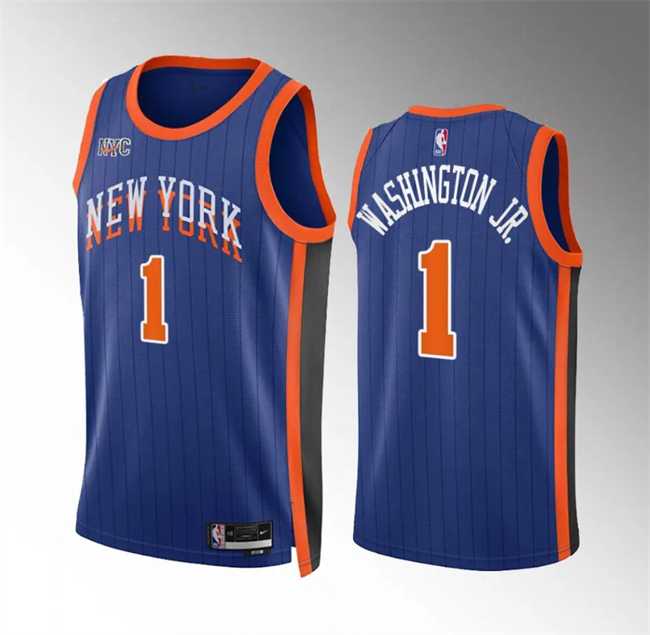 Men%27s New Yok Knicks #1 Duane Washington Jr Blue 2023-24 City Edition Stitched Basketball Jersey Dzhi
